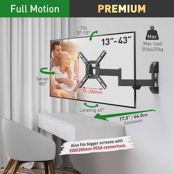 Barkan 13 in to 39 in Full Motion - 4 Movement Flat TV Wall Mount, up to 55 lbs, UL certified