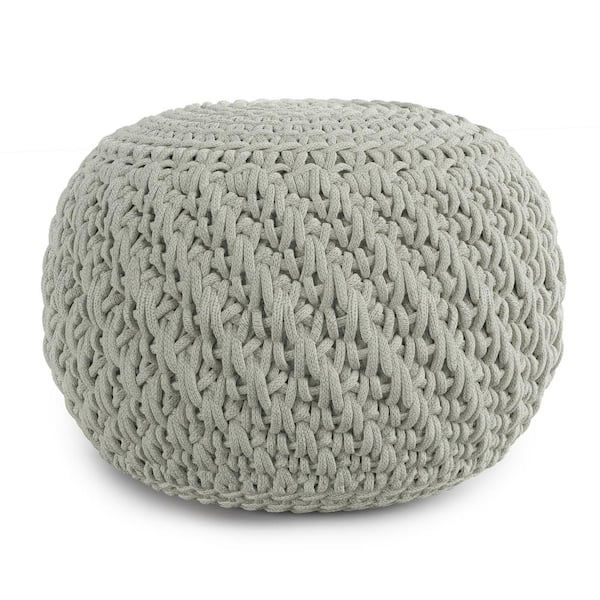 Simpli Home Nisi Round Knitted Pouf in Light Grey Recycled PET Polyester
