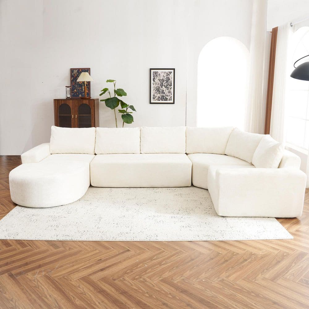139 in. Square Arm Chenille L-Shaped Sofa in Beige with Deep Seat