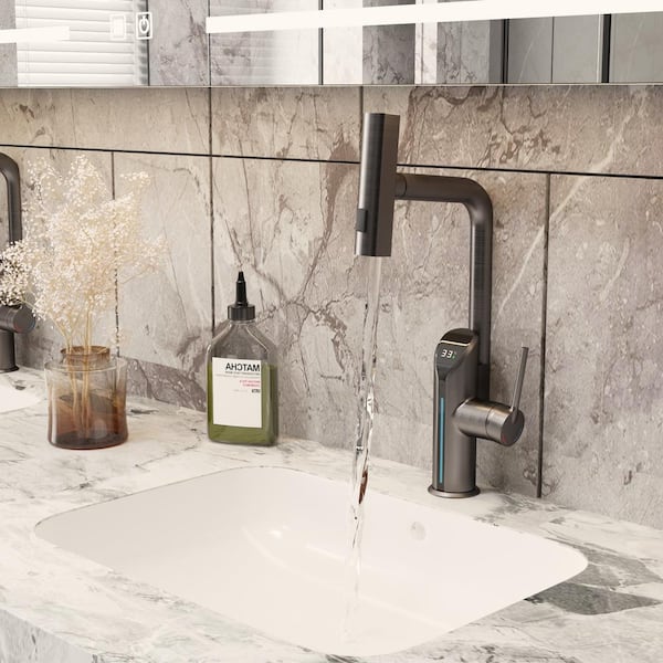 FUFU&GAGA Single Hole Single-Handle Bathroom Faucet with Pull-Down Sprayer, Bathroom Faucet in Gun Gray