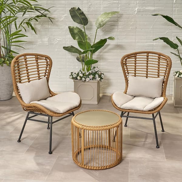 Noble House Olvera Light Brown 3-Piece Faux Wicker Outdoor Patio Conversation Seating Set with Beige Cushions