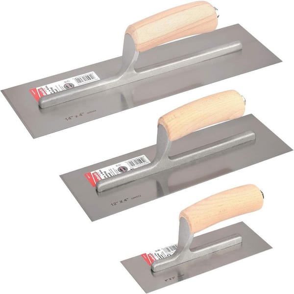 KIWDZFU 4 x 14 in. 4 x 12 in. 3 x 8 in. Carbon Steel Finishing Masonry Drywall Trowel Set with Wood Handle, 3-Pack