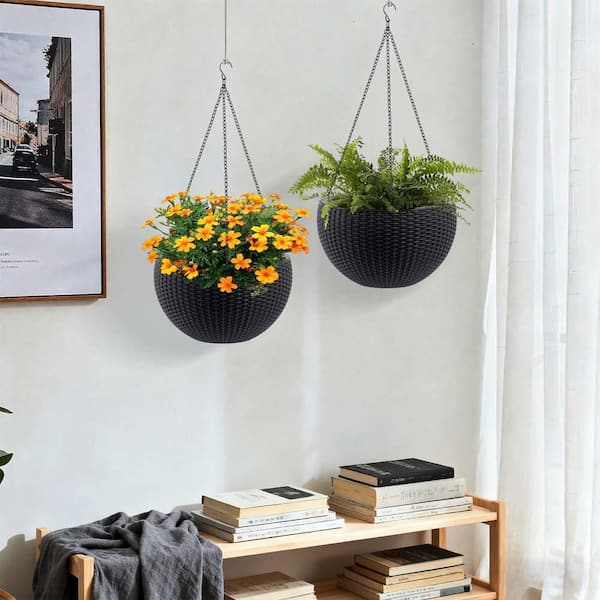 Black Resin Hanging Basket, Hanging Planter with Self Watering, Hanging Flower Pots for Home Garden Decor, 2-Pack