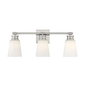 23 in. W x 9.5 in. H 3-Light Brushed Nickel Bathroom Vanity Light with Frosted Glass Shades
