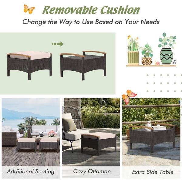 Costway 2pcs Patio Rattan Cushioned Ottoman Seat Foot Rest Table