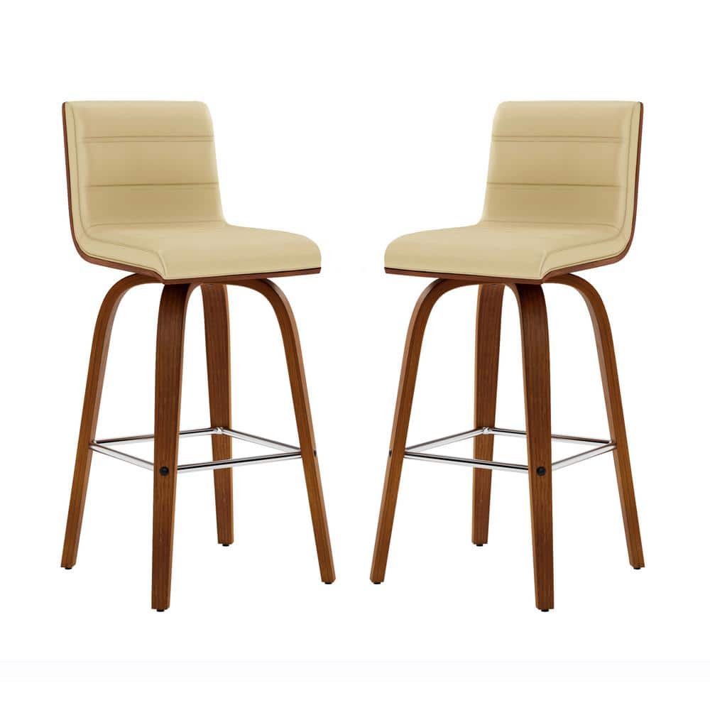 26" Cream Faux Leather and Walnut Wood Swivel Bar Stool
