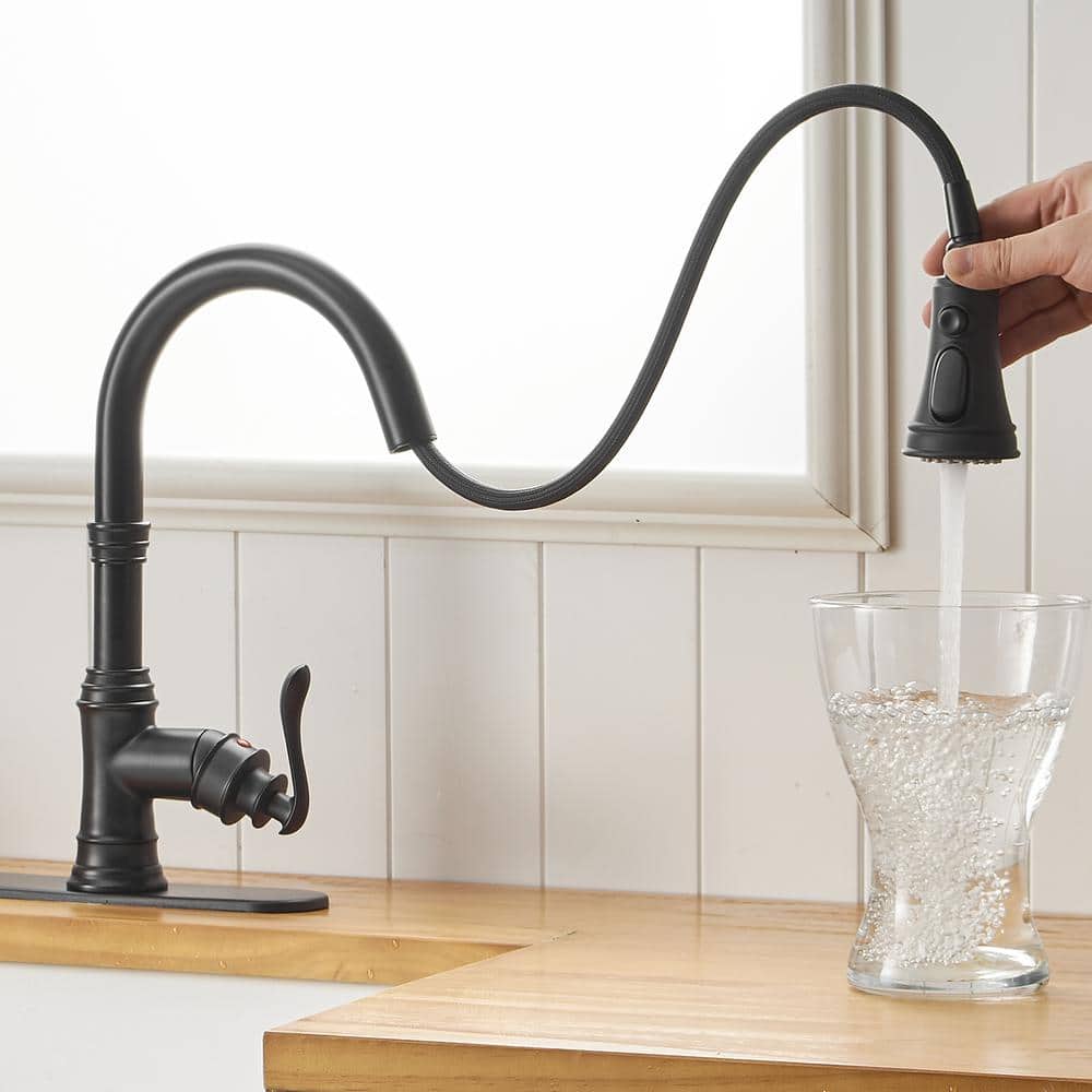Matte Black Single-Handle Pull-Down Kitchen Faucet with Deck Plate