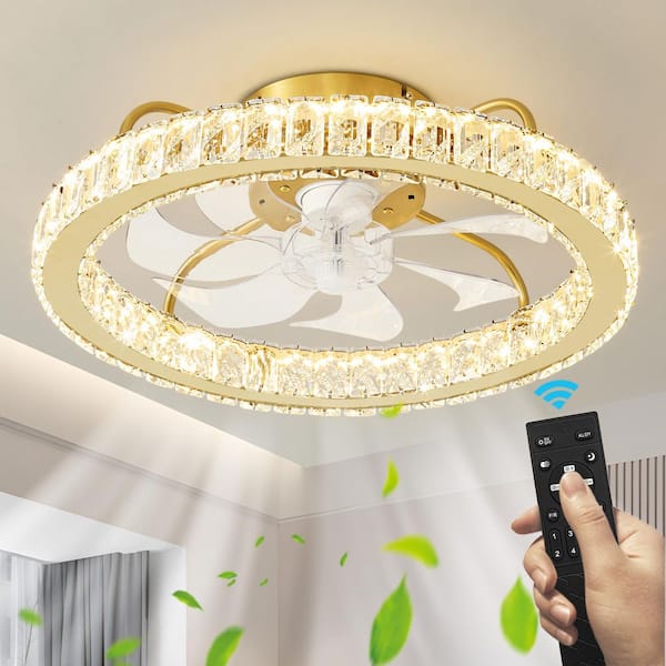 Deyidn Modern Gold 19.68 in. Smart Indoor White Crystal Flush Mount Ceiling Fan with Bright White Integrated LED for Bedroom