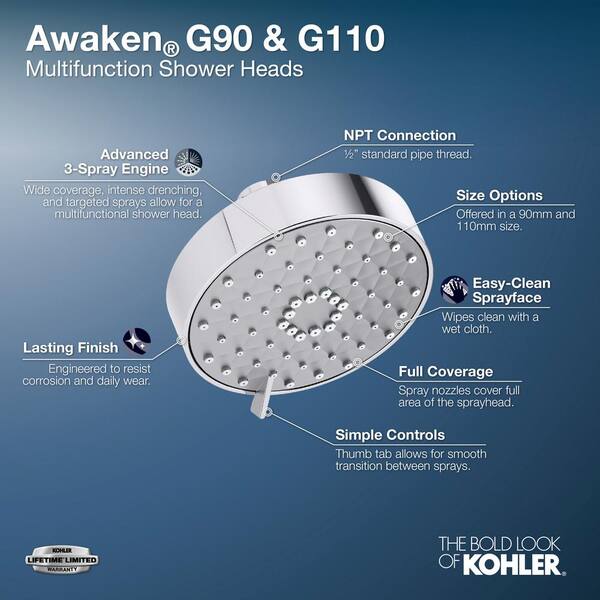 KOHLER Awaken 3-Spray 3.6 in. Single Wall Mount Fixed Shower Head in Polished Chrome