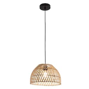 1-Light Brown Retro Cage Pendant Light with Handwoven Rattan Shade