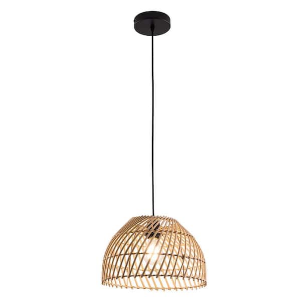 OUKANING 1-Light Brown Retro Cage Pendant Light with Handwoven Rattan Shade