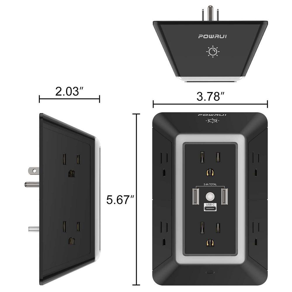 Black 6-Outlet Surge Protector with USB Ports and Night Light