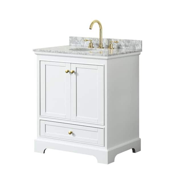 Wyndham Collection Deborah 30 in. W x 22 in. D x 35 in. H Single Sink Bath Vanity in White with White Carrara Marble Top