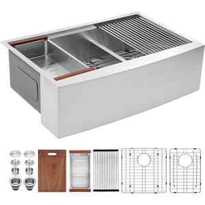33 in. Farmhouse/Apron-Front Double Bowl 16 Guage Stainless Steel Workstation Kitchen Sink with Low Divider