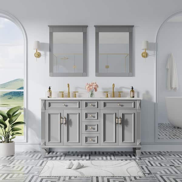 ANGELES HOME 60 in. W x 22 in. D x 35 in. H Double Sink Bath Vanity in Titanium Gray with Stain-Resistant Quartz Top and 2 Mirror