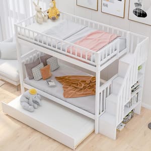 Multi-functional Bunk Beds Twin Over Twin Size, Solid Wood Bunk Beds with Trundle and Stairs for Kids, White