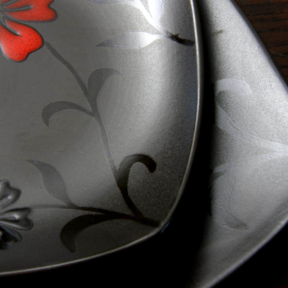 Black Ceramic Square Floral Dinnerware Set, Service for 4