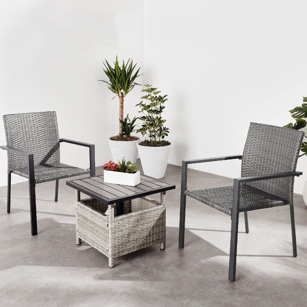 Set of 2 Gray Wicker Stackable Outdoor Dining Chairs with Armrests