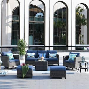 New Vultros Gray 7-Piece Wicker Outdoor Patio Conversation Set with Denim Blue Cushions and Swivel Rocking Chairs