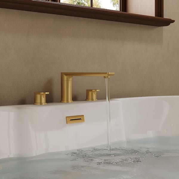 2-Handle Deck-Mounted Low Arc Roman Tub 1-Spray Tub and Shower Faucet 2.8 GPM in Brushed Gold Spot Resist Valve Included