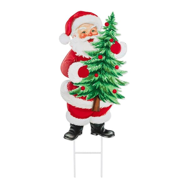 36 in. H Christmas Metal Santa with Tree Yard Stake