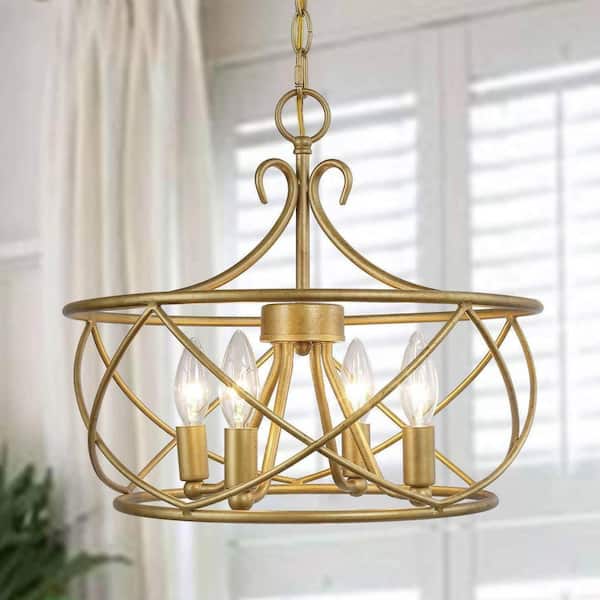 Mid-Century Modern Dining Room Chandelier 4-Light Antique Gold Drum Chandelier