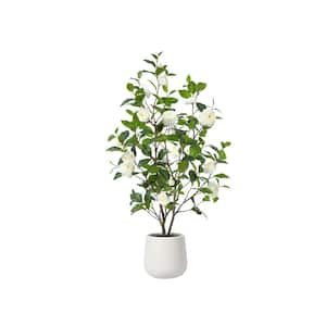 Artificial 4 ft. Camellia Tree with 9 in. White Planter, Tall Fake Camellia Trees with White Flowers