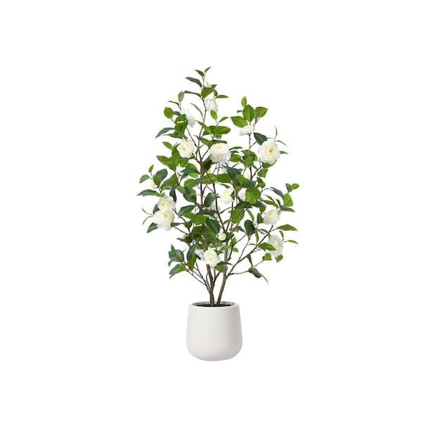 DR.Planzen Artificial 4 ft. Camellia Tree with 9 in. White Planter, Tall Fake Camellia Trees with White Flowers