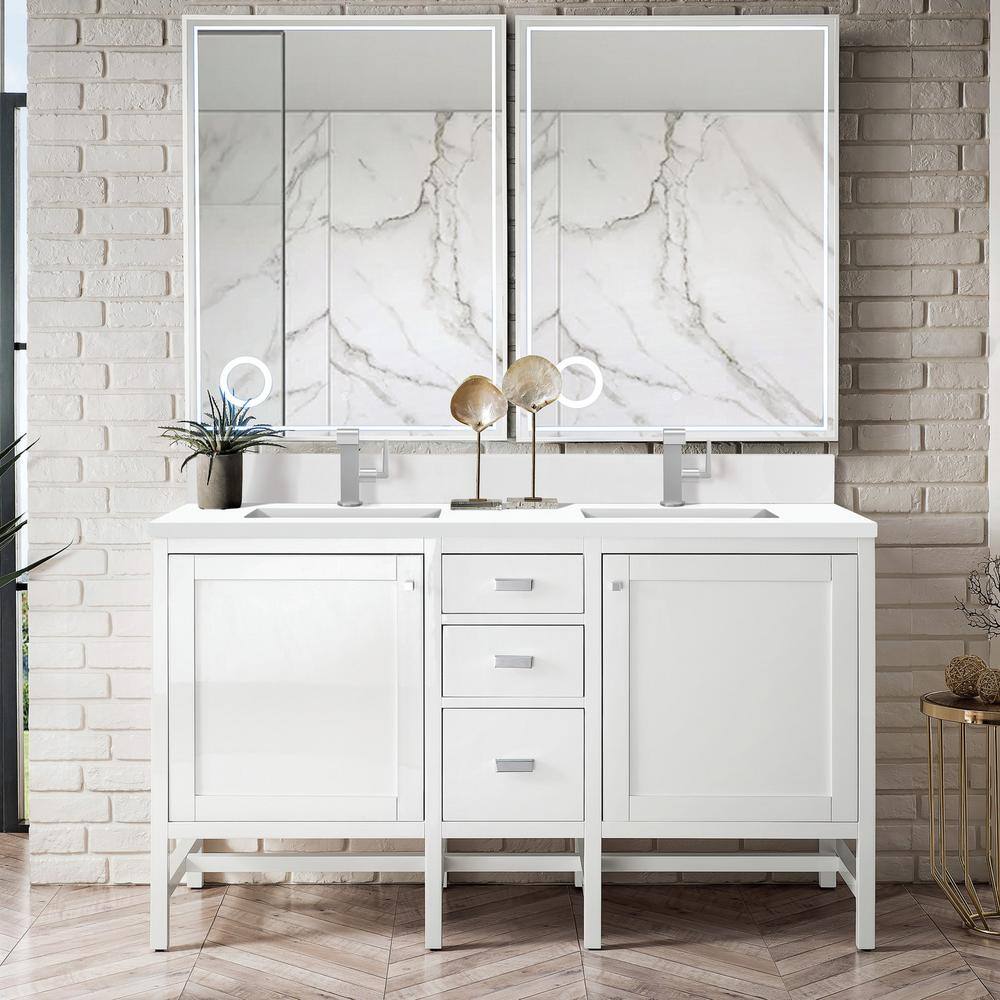Addison 60" Glossy White Double Freestanding Vanity with Porcelain Sinks