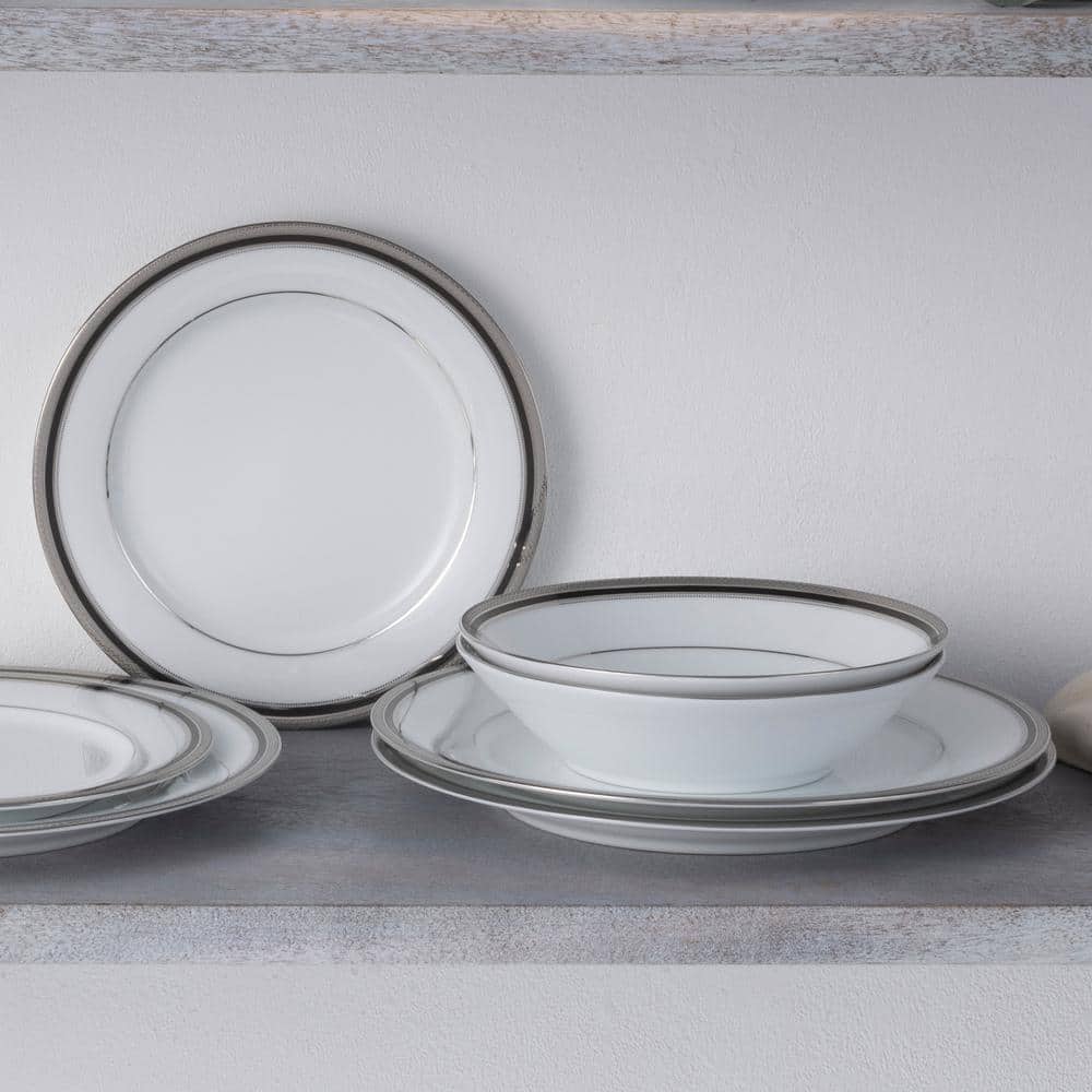 Austin Platinum 12-Piece White Porcelain Dinnerware Set with Metal Accents