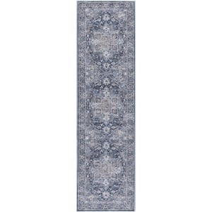 Machine Washable Series 1 Ivory Navy 2 ft. x 10 ft. Distressed Traditional Runner Area Rug