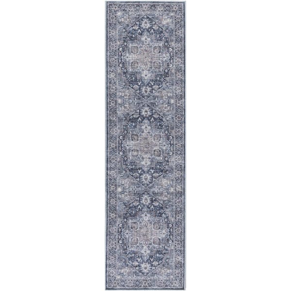 Unbranded Machine Washable Series 1 Ivory Navy 2 ft. x 10 ft. Distressed Traditional Runner Area Rug