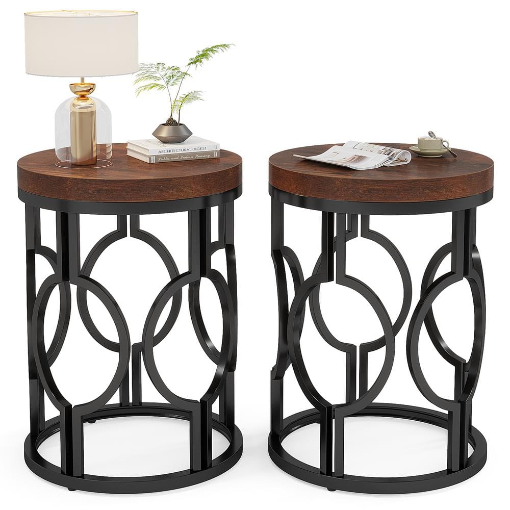 17.72 in. Rustic Brown Round Engineered Wood End Table Set of 2, Side Table Nightstand with Metal Hollow Frame