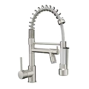 Spring Single Handle Pull Down Sprayer Kitchen Faucet with Pot Filler and LED Light in Brushed Nickel