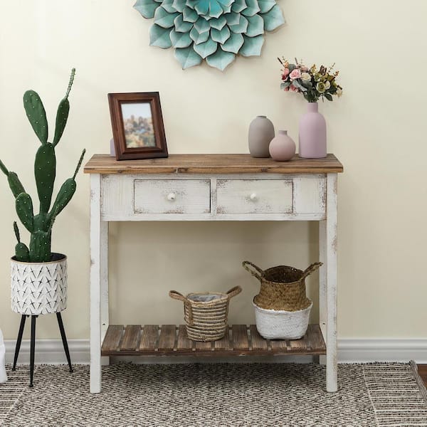 LuxenHome 36 in. Distressed White 2-Drawer Rectangle Wood Entryway and Console Table