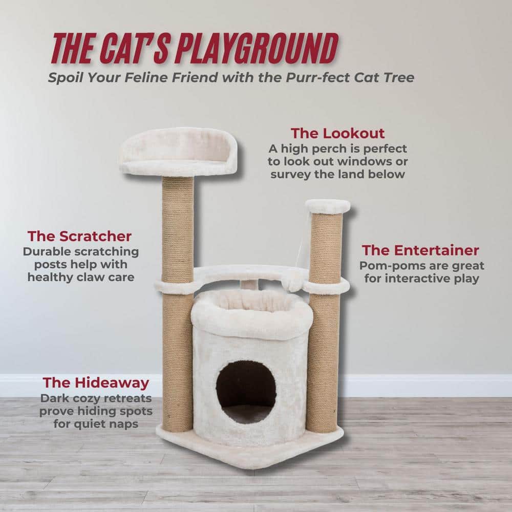 Nayra 32.7" Beige and Jute 3-Level Cat Tree with Condo