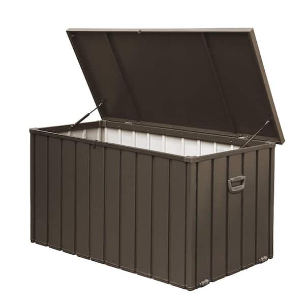 160 Gal. Dark Brown Steel Waterproof Deck Box with Portable Side Handles and Mobility Rollers, Lockable Storage Bin