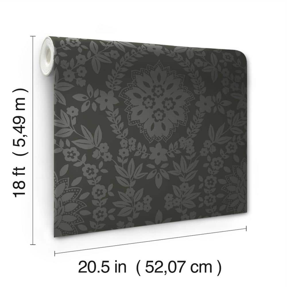 Black Damask Self-Adhesive Repositionable Wallpaper Roll