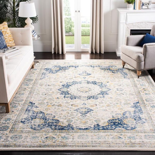 Evoke 8 ft. x 10 ft. Ivory/Blue Distressed Border Medallion Area Rug