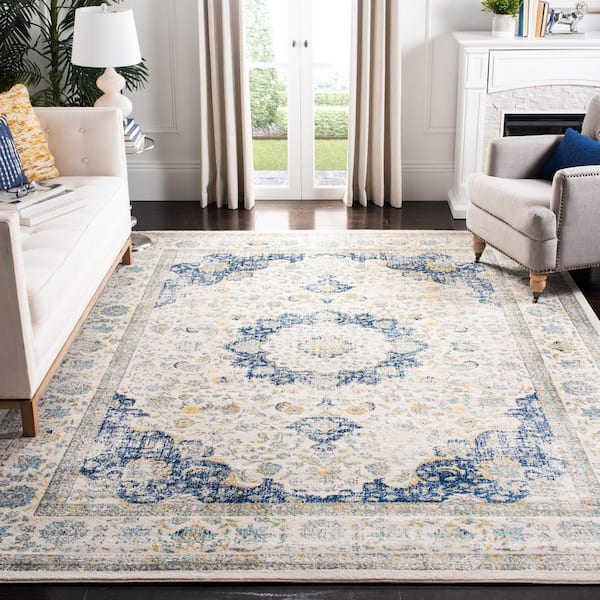 Evoke 9 ft. x 12 ft. Ivory/Blue Distressed Border Medallion Area Rug