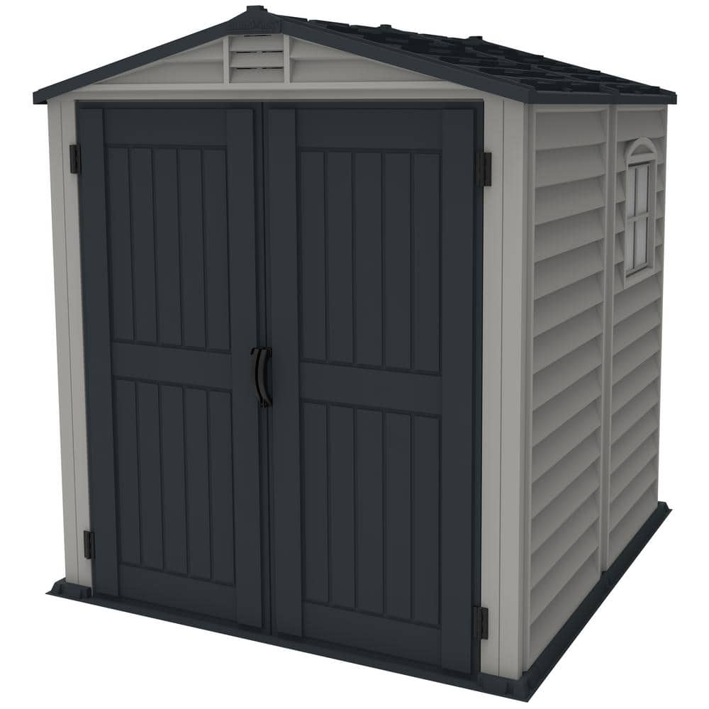 Gray Vinyl Resin Storage Shed with Shelving and Windows
