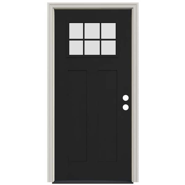 JELD-WEN Smooth Pro 36 in. x 80 in. 2 Panel Right Hand 6 Lite Clear Black Fiberglass Prehung Front Door w/White Interior Finish