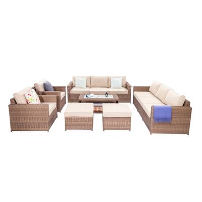Brown 11-Piece Wicker Outdoor Sectional Set with CushionGuard Beige Cushions