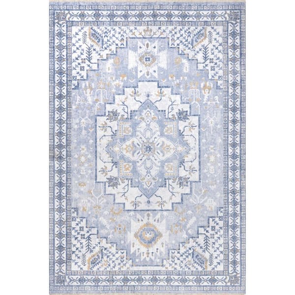 nuLOOM Kamiyah Medallion Machine Washable Light Blue 8 ft. x 10 ft. Traditional Area Rug