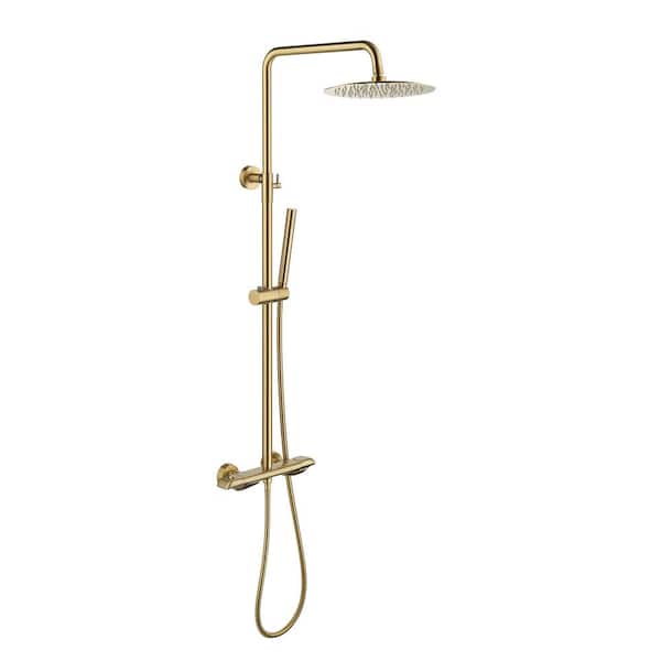 Tomfaucet Luxury Thermostatic 2-Spray Multi-function Wall Bar Shower Kit with Hand Shower in Brushed Gold