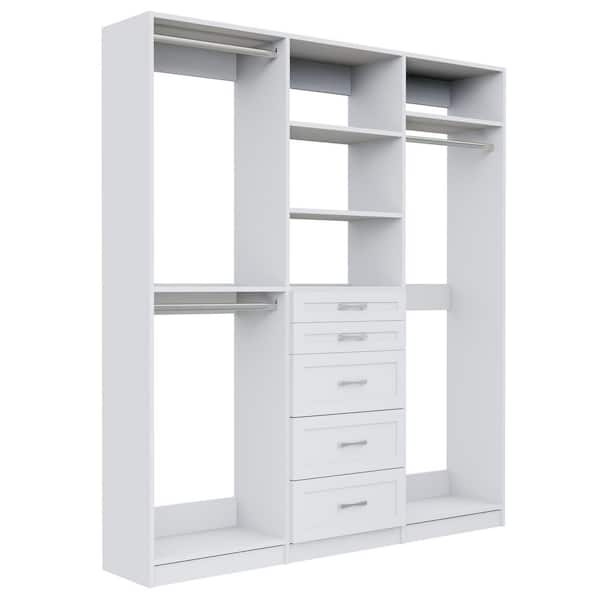 Alto Collection 105 in. W White Wall Mounted Shaker Double Hang, 5-Drawer and Tall Hang Wood Closet System