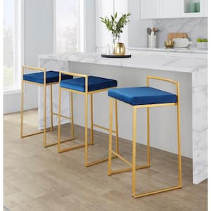 Fuji 27.75 in. Blue Velvet and Gold Metal Stackable Counter Stool (Set of 3)