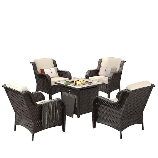 Erie Lake Brown 5-Piece Wicker Outdoor Patio Fire Pit Seating Sofa Set with Beige Cushions