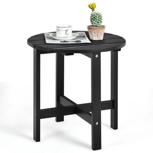 Clihome 18 in. Black Round Wood Outdoor Patio Side Slat End Coffee Table for Garden