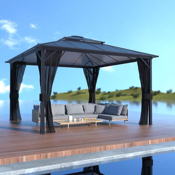 12 ft. x 12 ft. Polycarbonate Double Top Gazebo with Black Netting